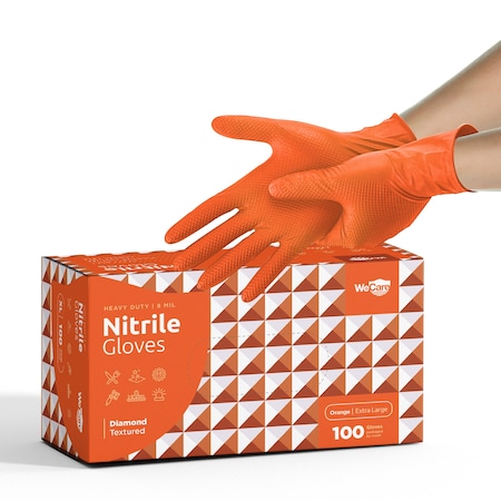 Wecare WMN1002, Disposable Gloves, 8 mil Palm, Nitrile, Powder-Free, XL, 100 PK, Orange WMN100259